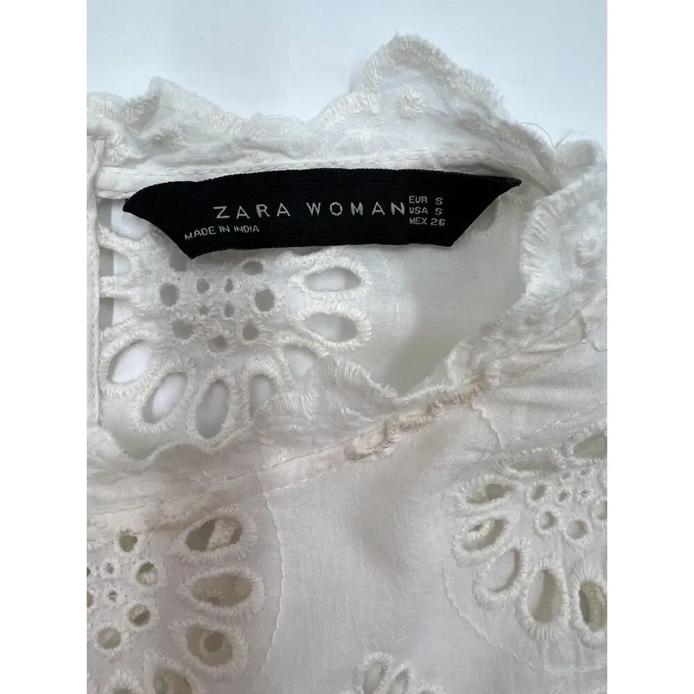 Zara White Eyelet Lace Embroidery Blouse Ruffled Romantic Small Fairycore Indie